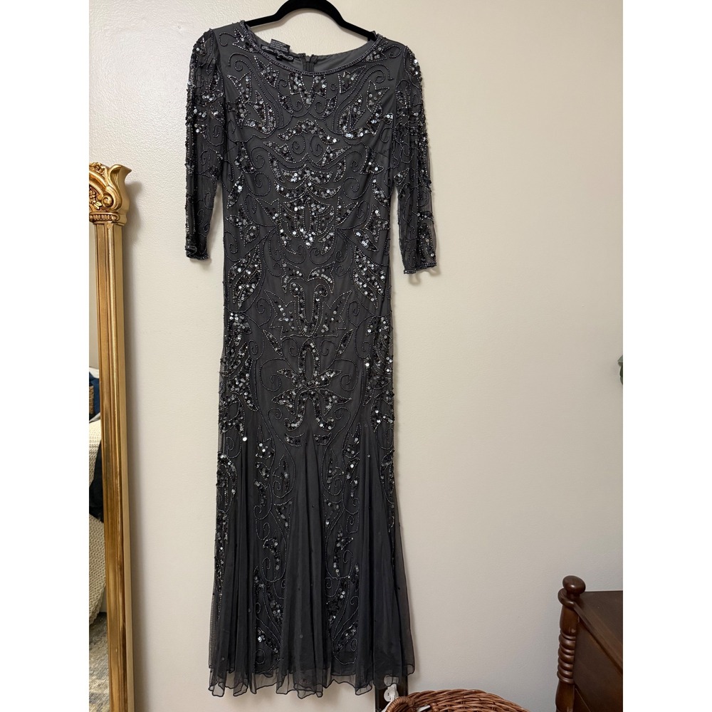 Pisarro Nights Gray Beaded Sequin Gown 3/4 Sleeve Formal Maxi Dress - Picture 2 of 14